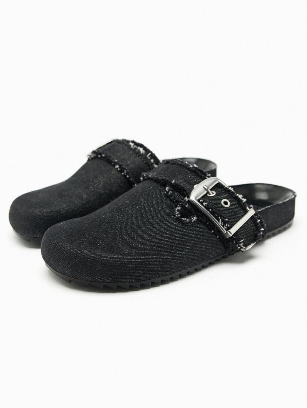 Zara Black Denim Buckled Clogs Sandals Flats